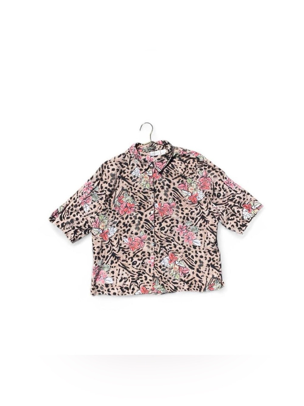 Studio Works 100% Linen Leopard Floral Button Up Blouse Plus Size 3X